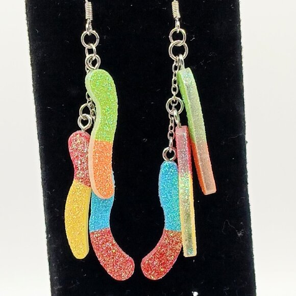 Sour Sugar Gummy Glow Worm Hypoallergenic Earrings Faux Food Spencer's - Picture 1 of 2